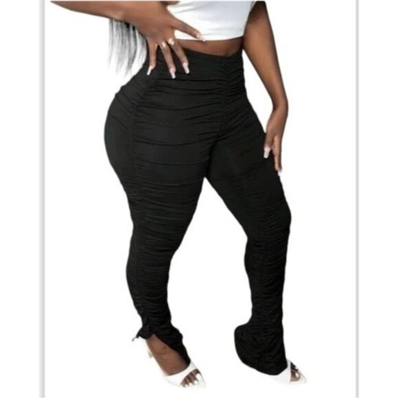 Shein Black Ruched High-Waisted Stretch Leggings Women Size M EU 38 US 6 Polyest - Picture 8 of 12